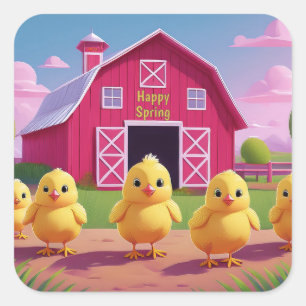 Happy Spring Chicks in Barnyard Square Sticker