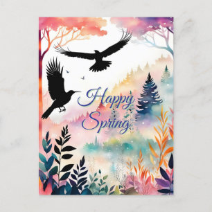Happy Spring Crows in a Peaceful Colourful Forest Holiday Postcard