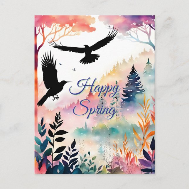 Happy Spring Crows in a Peaceful Colourful Forest Holiday Postcard (Front)