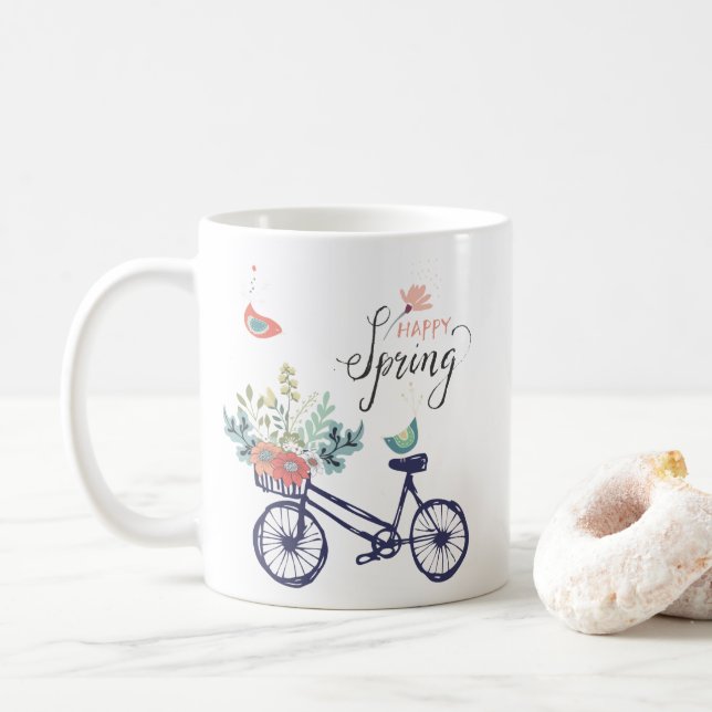 Happy spring design: bicycle, flowers and birds  coffee mug (With Donut)