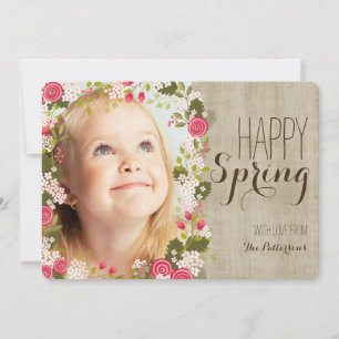 Happy Spring Floral Linen Photo Greeting Card