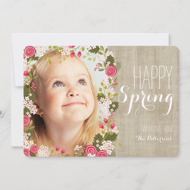 Happy Spring Floral | Linen Photo Greeting Card (Front)
