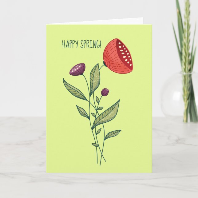 Happy Spring Flowers Abstract Botanical Line Art Card (Front)