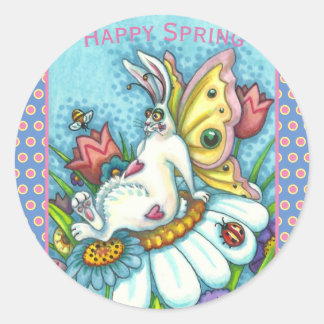 HAPPY SPRING FLUTTERBUN RABBIT, FUNNY BUNNY FAIRY CLASSIC ROUND STICKER