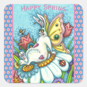 HAPPY SPRING FLUTTERBUN RABBIT, FUNNY BUNNY FAIRY SQUARE STICKER