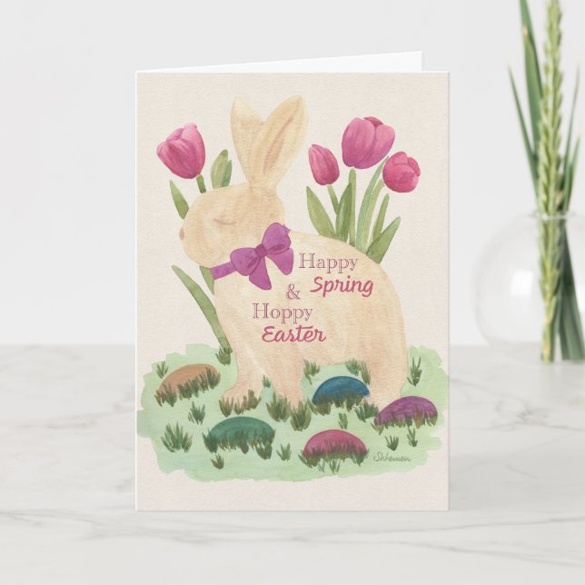 Happy Spring & Hoppy Easter Greeting Card with Gol (Front)
