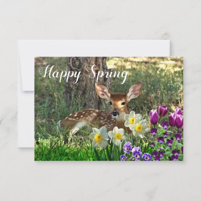 Happy Spring l Deer and Tulips Flat Card (Front)