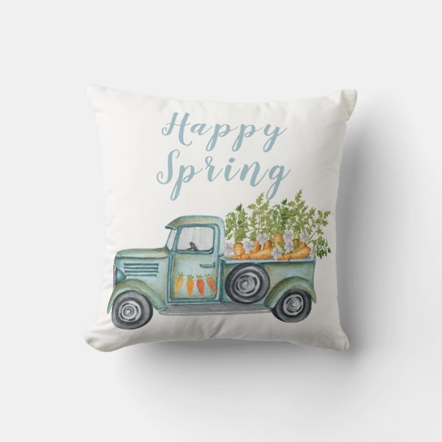 Happy Spring Vintage Blue Green Truck Throw Pillow (Front)