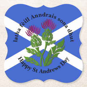 Happy St Andrews Day Flag Thistle bracket Paper Coaster