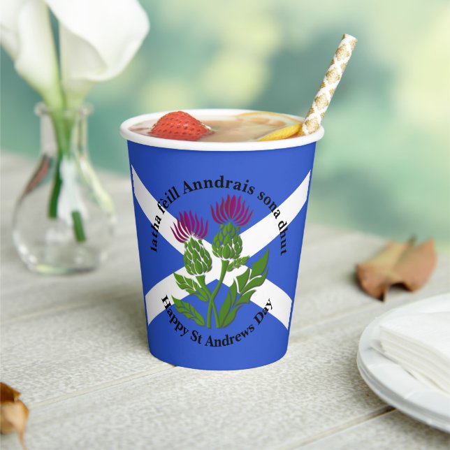 Happy St Andrews Day Flag Thistle Large Paper Cups (Insitu)