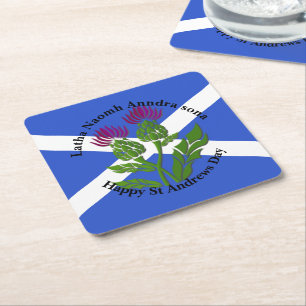 Happy St Andrews Day Thistle & Flag Square Paper Coaster