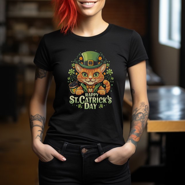 "Happy St. Catrick's Day" Cat Leprechaun T-Shirt (Happy St. Catrick's Day" )