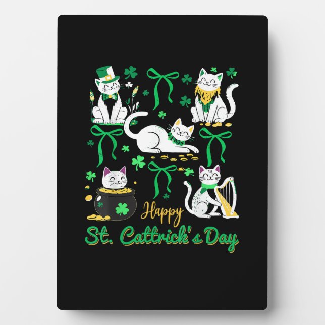 Happy St Cattrick's Day Coquette Bow Cat St Patric Plaque (Front)