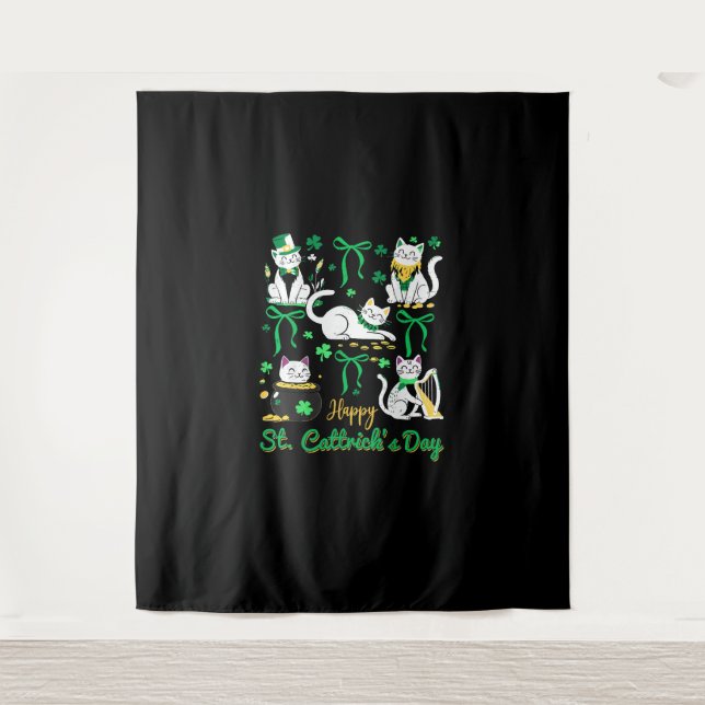 Happy St Cattrick's Day Coquette Bow Cat St Patric Tapestry (Front)
