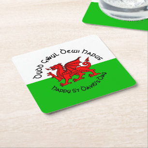 Happy St Davids Day in Celtic Style Square Paper Coaster
