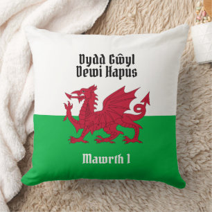 Happy St. David's Day Red Dragon Welsh Flag Cushion
