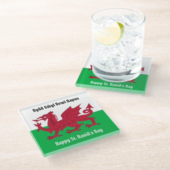 Happy St. David's Day Red Dragon Welsh Flag Glass Coaster (Angled)