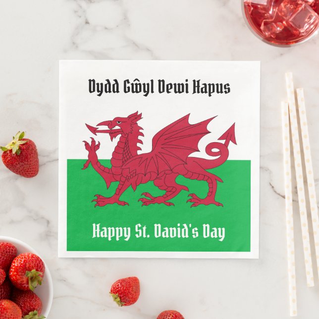 Happy St. David's Day Red Dragon Welsh Flag Napkin (Insitu)