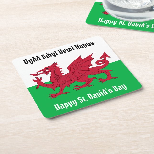 Happy St. David's Day Red Dragon Welsh Flag Square Paper Coaster (Angled)
