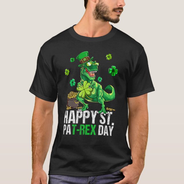 Happy St Pat T Rex Saint Patrick's Day Dinosaur Bo T-Shirt (Front)