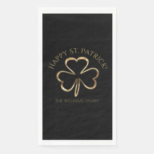 Happy St. Patrick Black and Gold Clover Shamrock Napkin