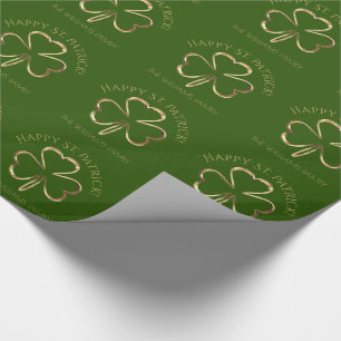 Happy St. Patrick Green and Gold Clover Shamrock Wrapping Paper