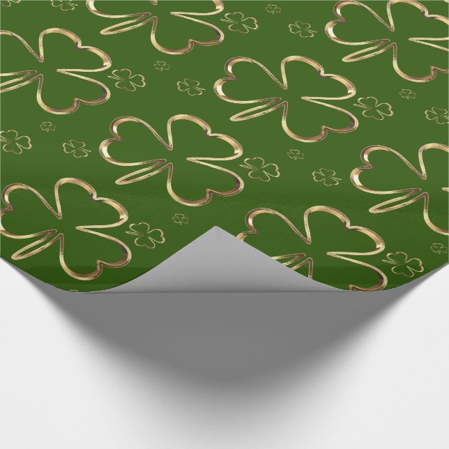 Happy St. Patrick Green and Gold Clovers Shamrock Wrapping Paper (Corner)