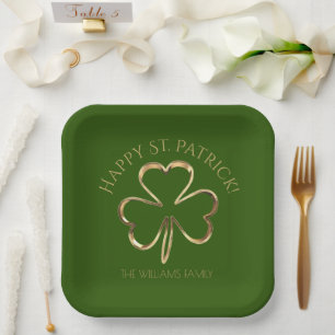 Happy St. Patrick Green and Gold Shamrock Clover Paper Plate