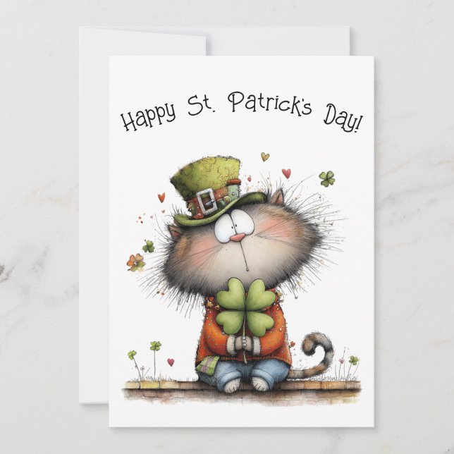 Happy St. Patrick’s Day Cat - Kitty Greetings Flat Card (Front)