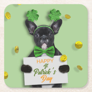 Happy St. Patrick’s Day Clover Cute French Bulldog Square Paper Coaster