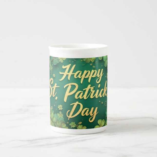 Happy St. Patrick’s Day Clover Design Bone China Mug (Front)