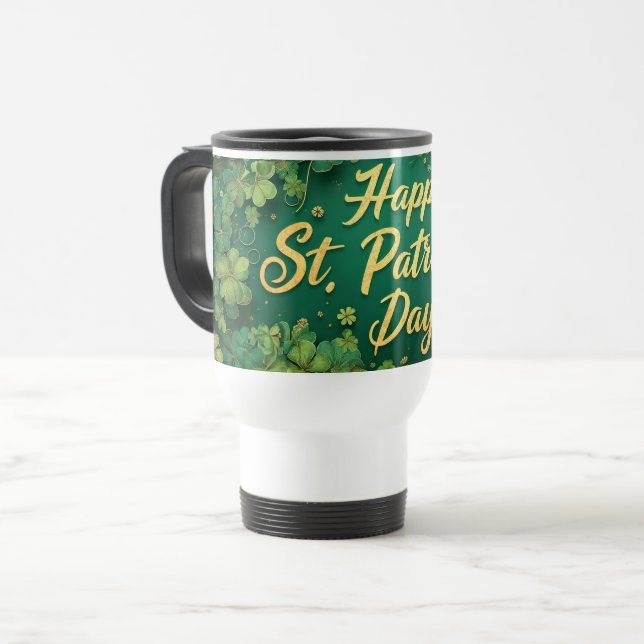 Happy St. Patrick’s Day Clover Design Travel Mug (Front Left)