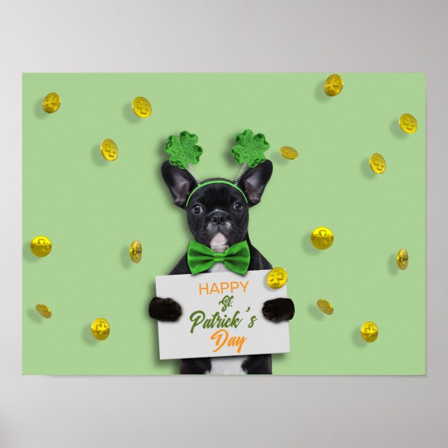 Happy St. Patrick’s Day Cute French Bulldog Clover Poster (Front)