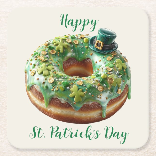 Happy St. Patrick’s Day Donut with Leprechaun Hat Square Paper Coaster (Front)