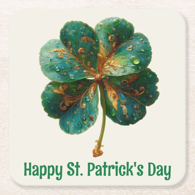 Happy St. Patrick’s Day Elegant Shamrock Square Paper Coaster (Front)