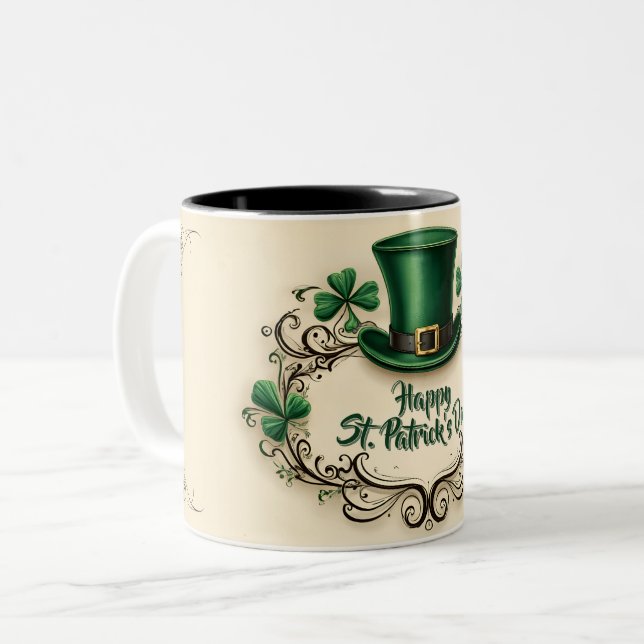 Happy St. Patrick’s Day Shamrock Design Two-Tone Coffee Mug (Front Left)