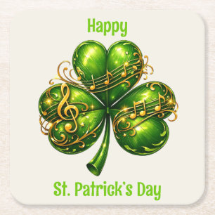 Happy St. Patrick’s Day Shamrock Music Square Paper Coaster
