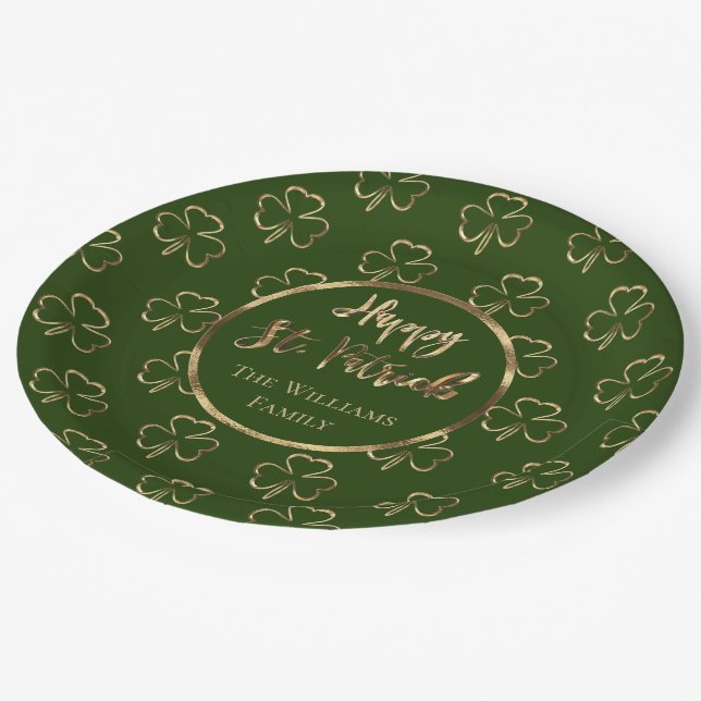 Happy St. Patrick Shamrocks Green Clovers Irish Paper Plate (Angled)