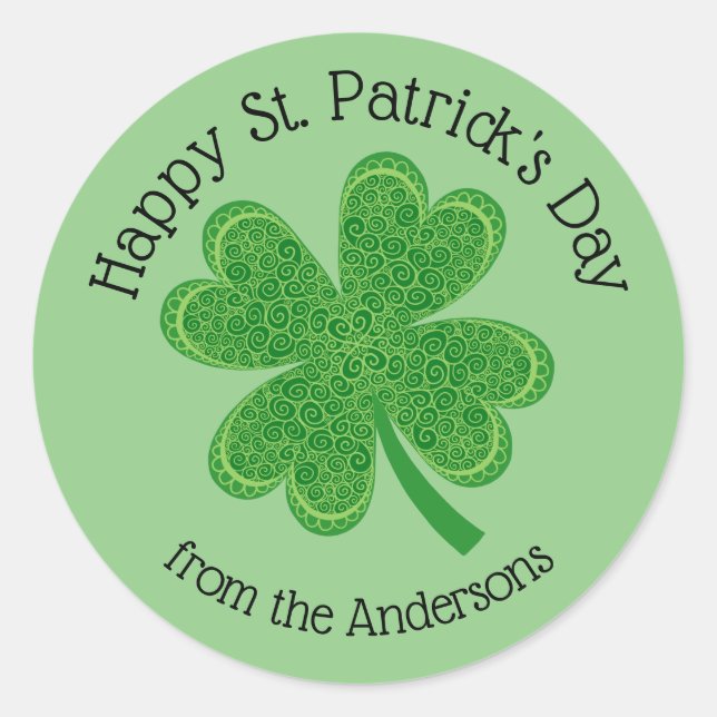 Happy St Patrick's Day 4 Leaf Clover Classic Round Sticker (Front)
