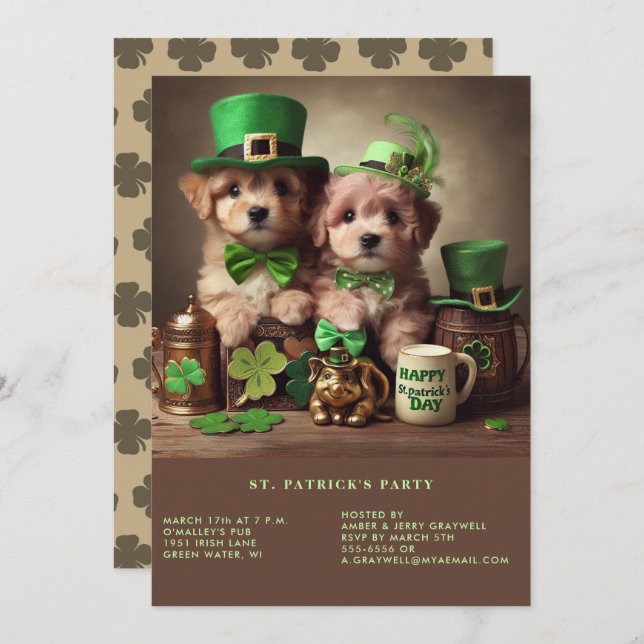 Happy St Patrick's Day Adorable Puppies Green Hats Invitation (Front/Back)