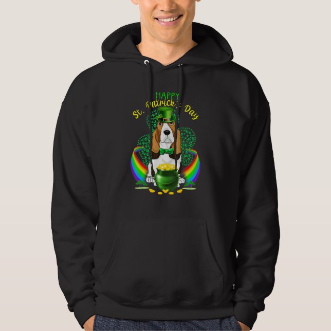 Happy St Patricks Day Basset Hound Leprechaun Hat  Hoodie (Front)