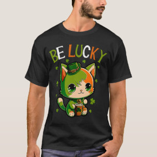 Happy St Patrick's Day Be Lucky Cat and Shamrocks T-Shirt