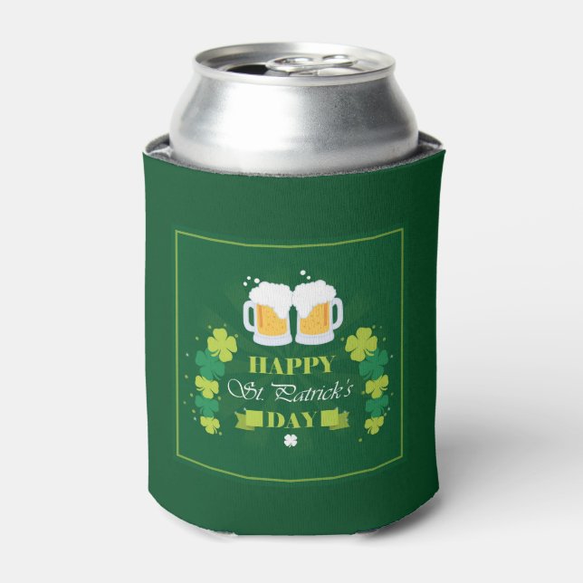 Happy St. Patricks Day Beer and Clovers Can Cooler (Can Front)
