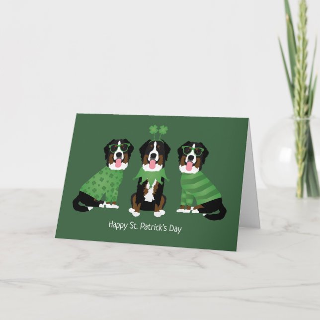 Happy St Patricks Day Bernese Mountain Dogs Holiday Card (Front)