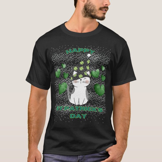 happy st Patrick's day  cat green hearts light T-Shirt (Front)