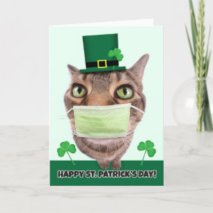 Happy St. Patrick's Day Cat in Pandemic Face Mask Holiday Card