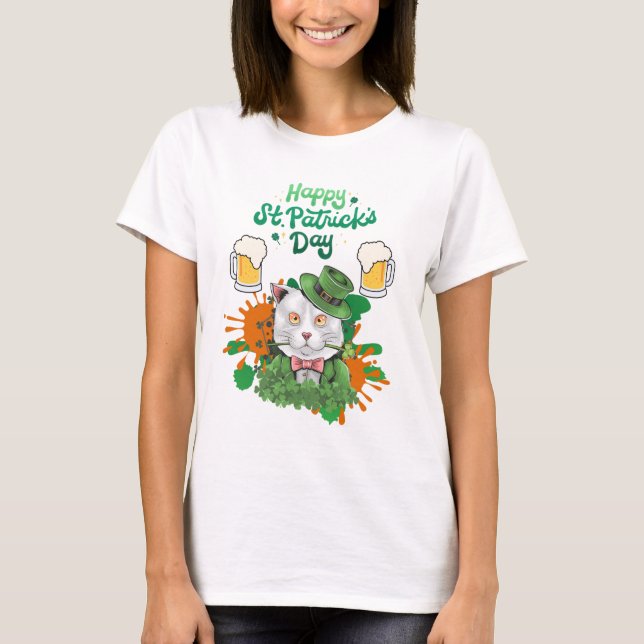 Happy St. Patrick's Day- Cat  T-Shirt (Front)