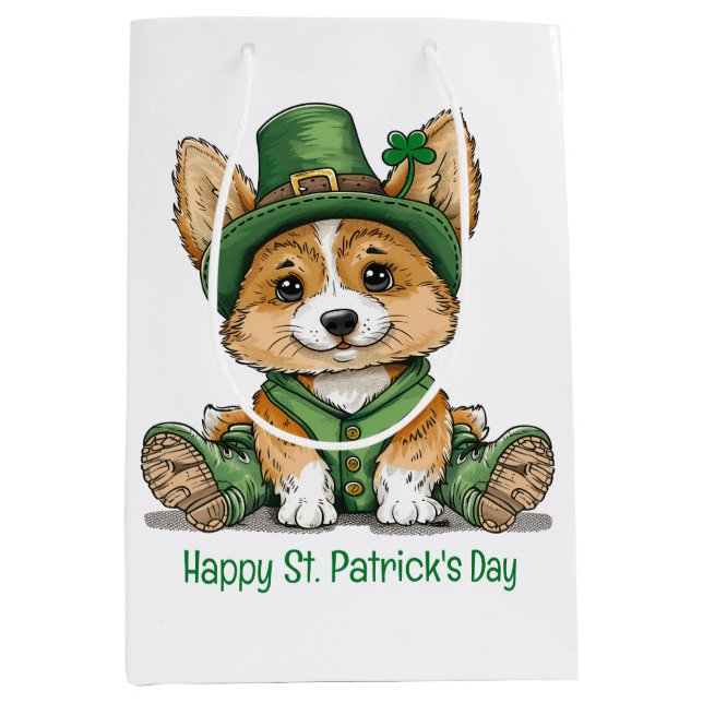 Happy St. Patrick's Day Corgi Dog Medium Gift Bag (Front)