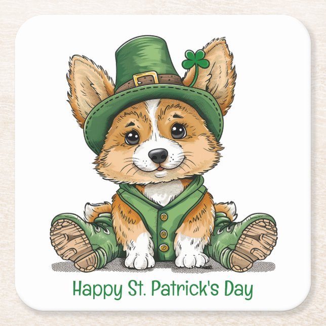 Happy St. Patrick's Day Corgi Dog Square Paper Coaster (Front)