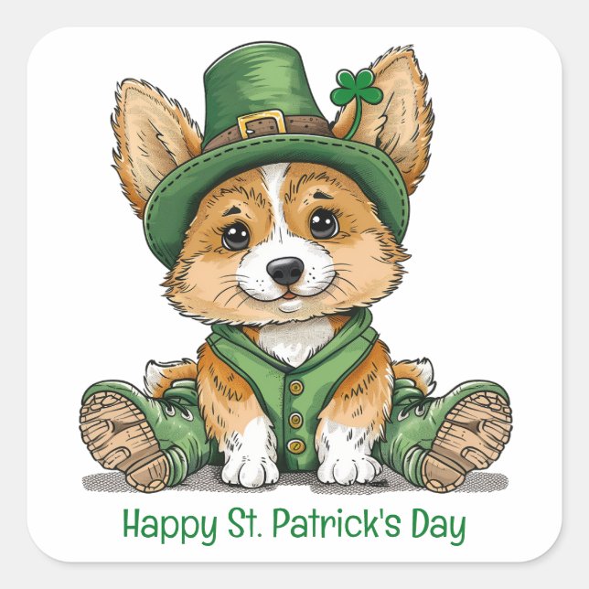 Happy St. Patrick's Day Corgi Dog Square Sticker (Front)